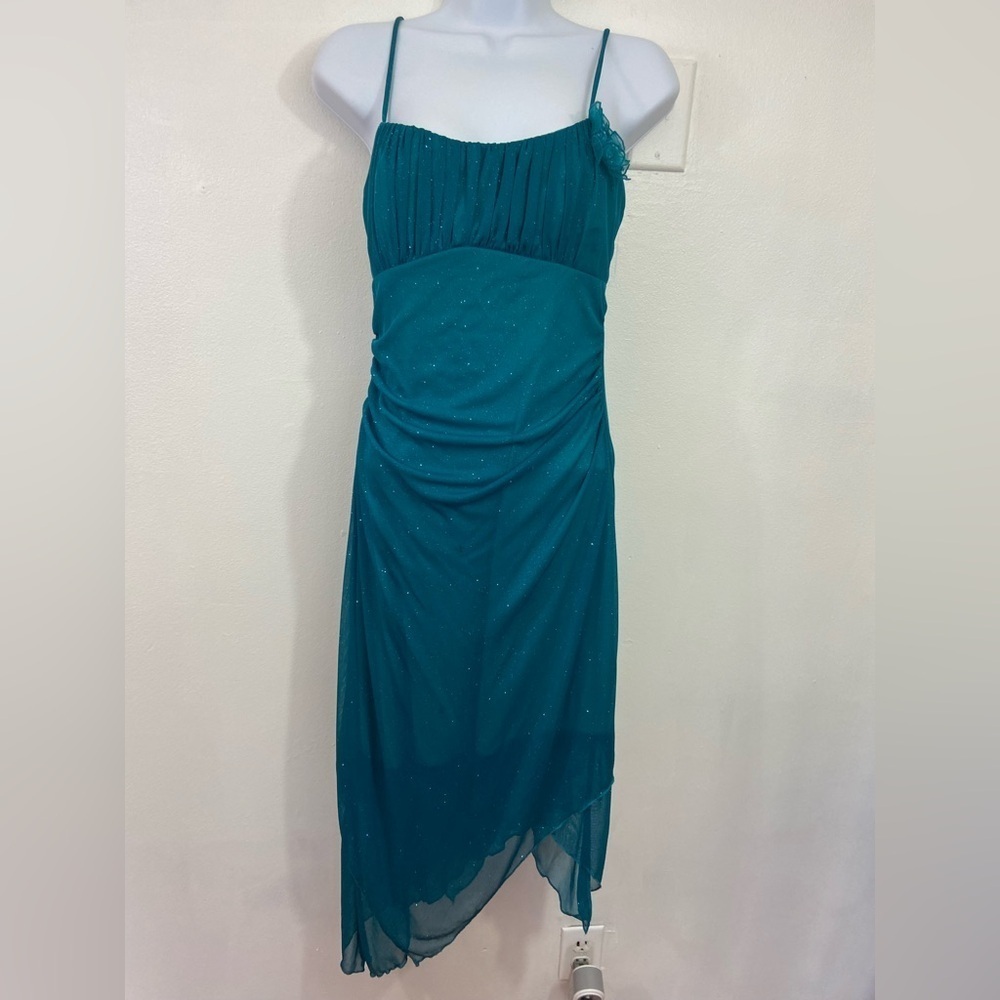 Vintage Y2K MIDI Dress Sparkle Asymmetric Hem Sheer Empire Waist Sz M Fairy